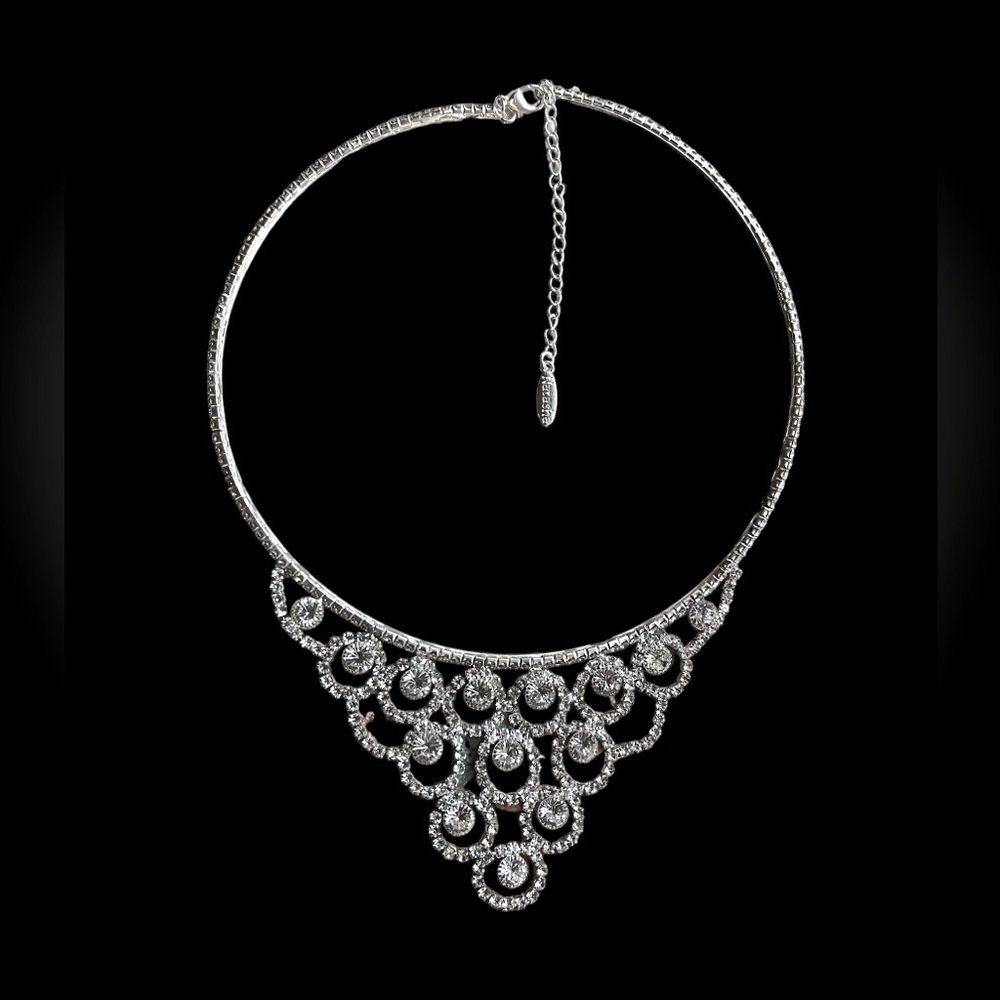 SIGNED NATASHA COUTURE CRYSTAL CHOKER NECKLACE | SILVERTONE STATEMENT - Picture 3 of 4